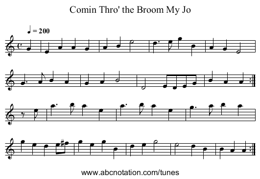 Comin Thro' the Broom My Jo - staff notation