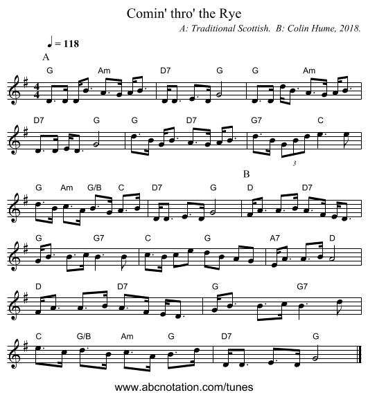 Comin' thro' the Rye - staff notation