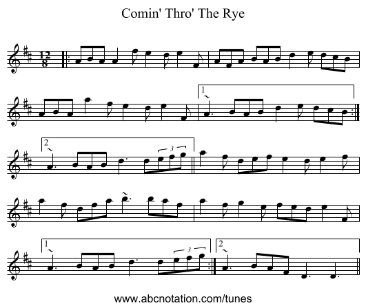 Comin' Thro' The Rye - staff notation