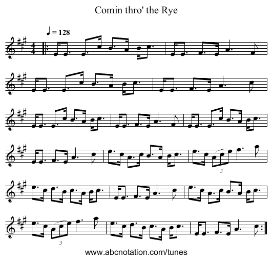 Comin thro' the Rye - staff notation