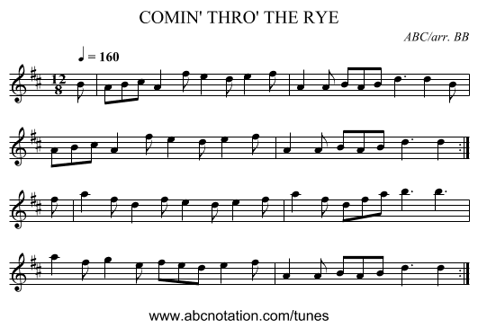 COMIN' THRO' THE RYE - staff notation