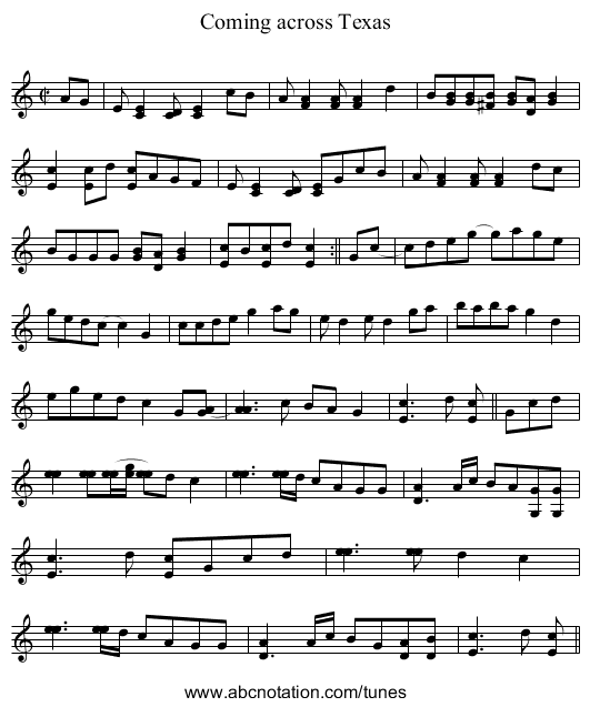 Coming across Texas - staff notation