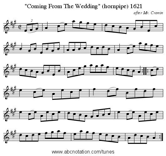 Coming From The Wedding (hornpipe) 1621 - staff notation