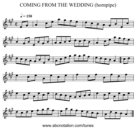 COMING FROM THE WEDDING (hornpipe) - staff notation