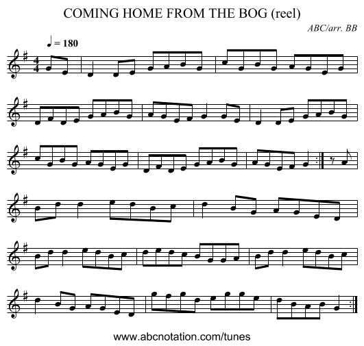 COMING HOME FROM THE BOG (reel) - staff notation