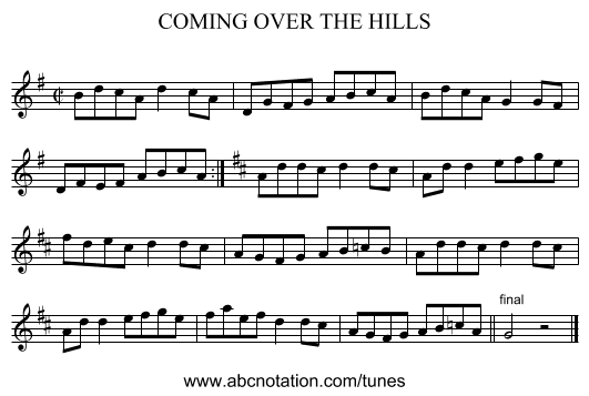 COMING OVER THE HILLS - staff notation