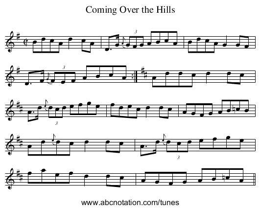 Coming Over the Hills - staff notation