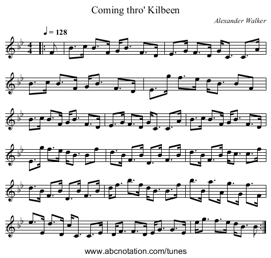 Coming thro' Kilbeen - staff notation