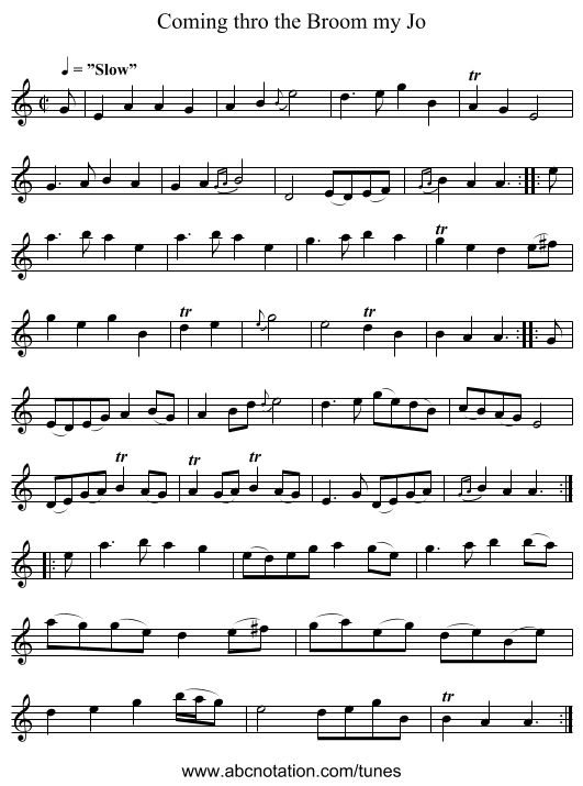 Coming thro the Broom my Jo - staff notation