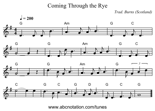 Coming Through the Rye - staff notation