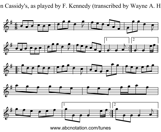 Con Cassidy's, as played by F. Kennedy (transcribed by Wayne A. Hill) - staff notation