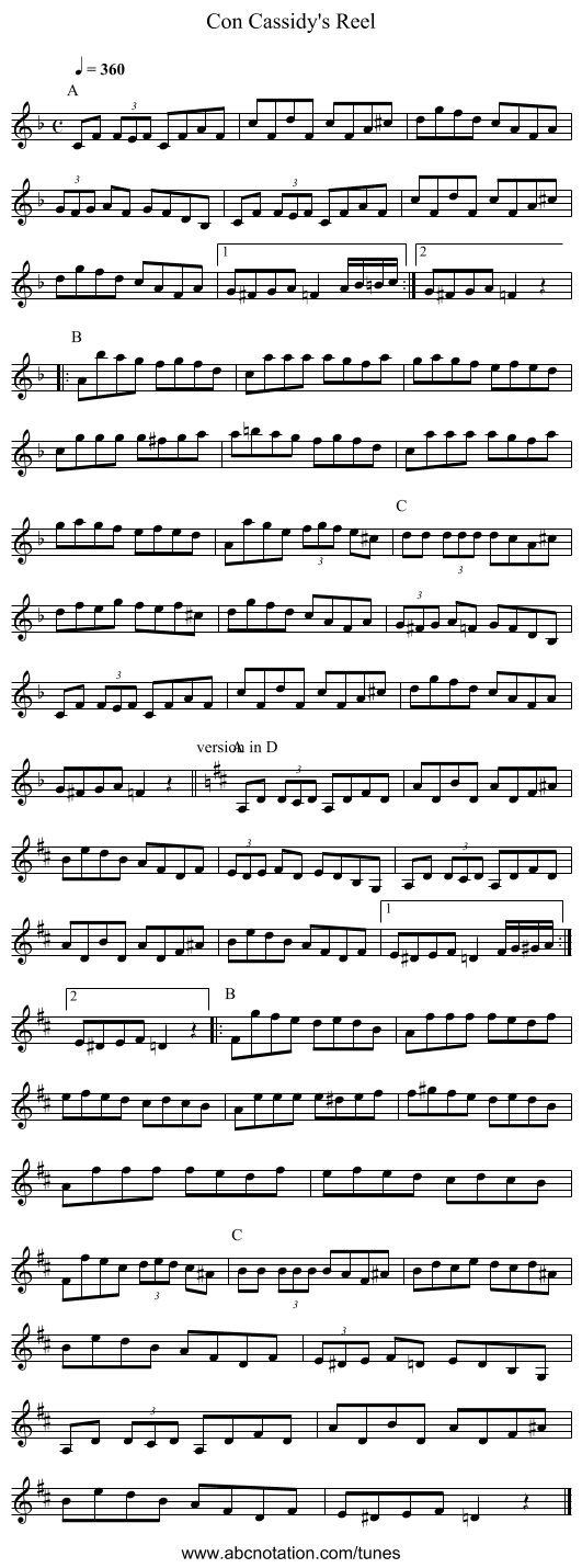 Con Cassidy's Reel - staff notation