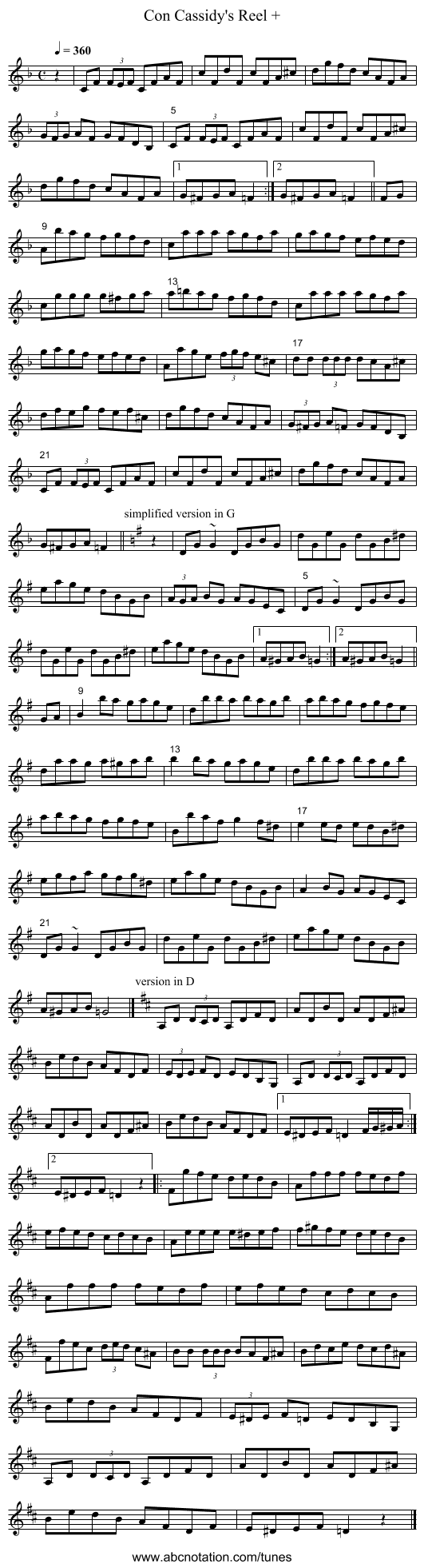 Con Cassidy's Reel + - staff notation