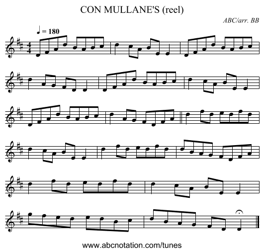 CON MULLANE'S (reel) - staff notation