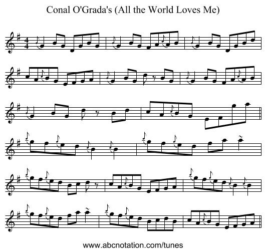 Conal O'Grada's (All the World Loves Me) - staff notation