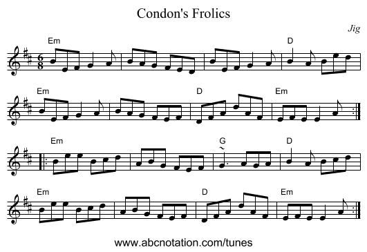 Condon's Frolics - staff notation