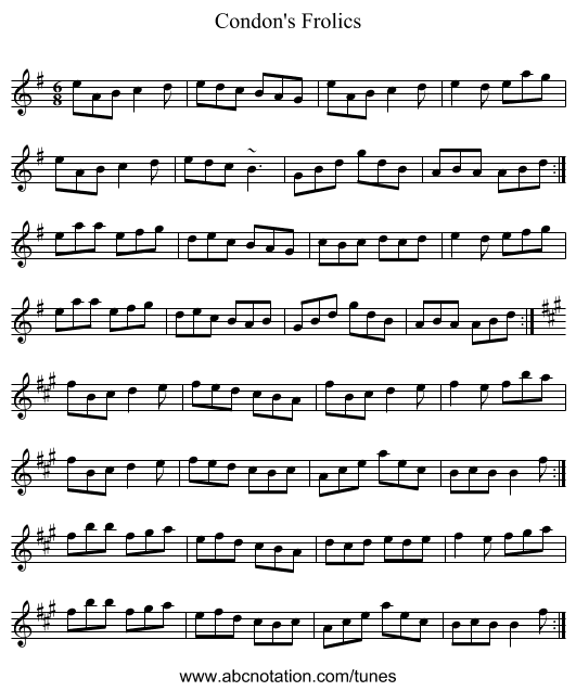 Condon's Frolics - staff notation