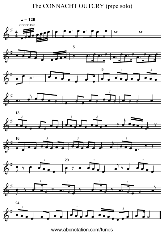 CONNACHT OUTCRY (pipe solo), The - staff notation