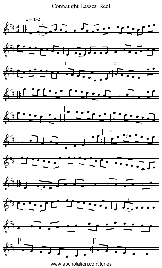 Connaught Lasses' Reel - staff notation