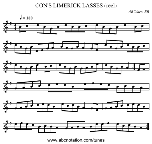CON'S LIMERICK LASSES (reel) - staff notation