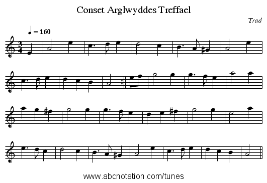 Conset Arglwyddes Treffael - staff notation