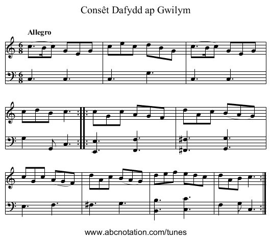 Consêt Dafydd ap Gwilym - staff notation
