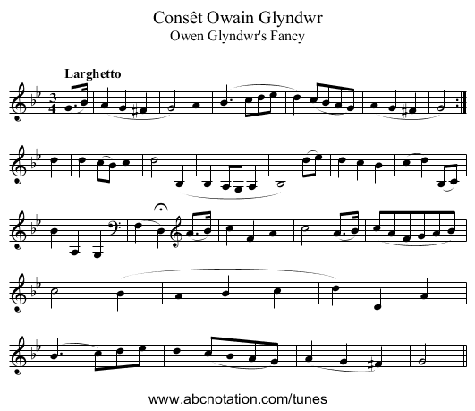 Consêt Owain Glyndwr - staff notation