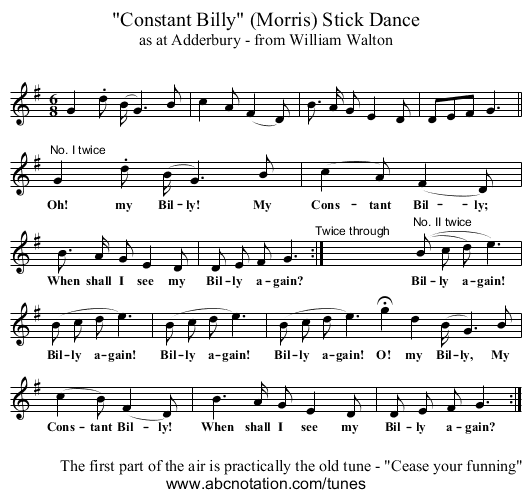 Constant Billy (Morris) Stick Dance - staff notation