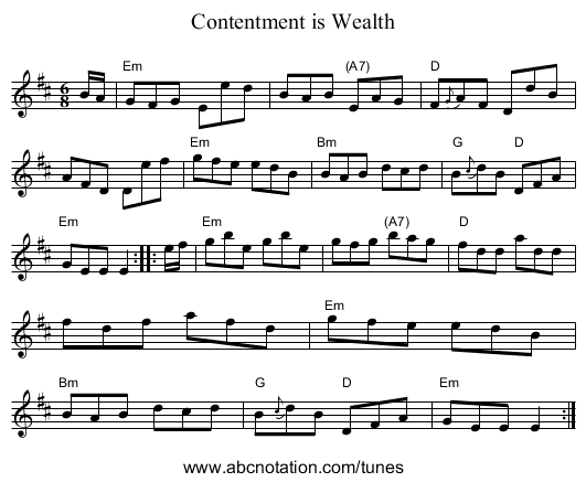 Contentment is Wealth - staff notation