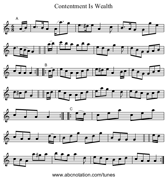 Contentment Is Wealth - staff notation