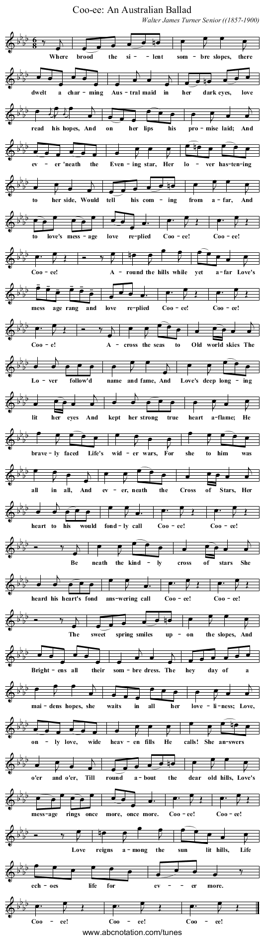 Coo-ee: An Australian Ballad - staff notation