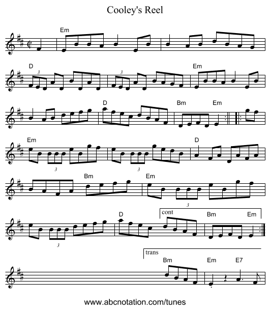 Cooley's Reel - staff notation