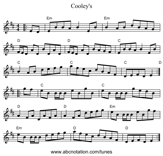 Cooley's - staff notation