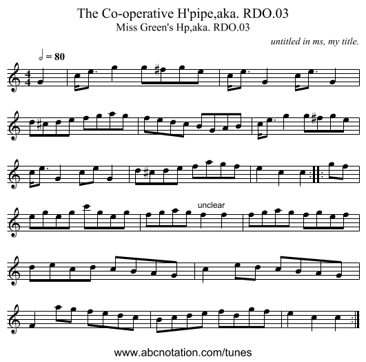 Co-operative H'pipe,aka. RDO.03, The - staff notation