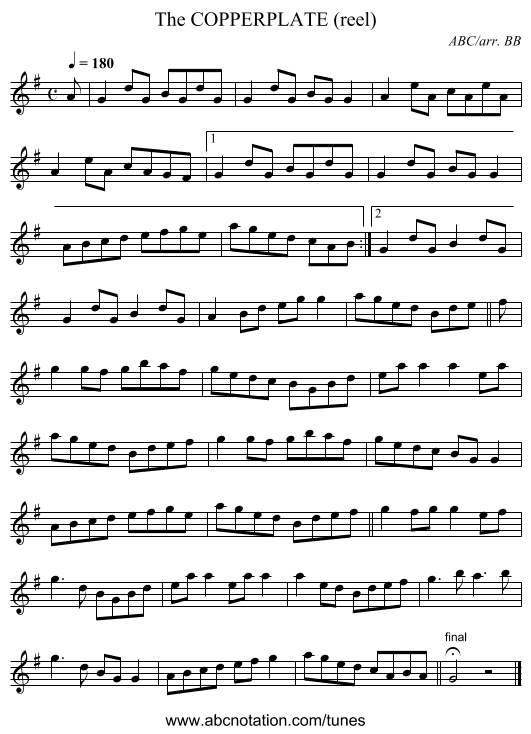 COPPERPLATE (reel), The - staff notation