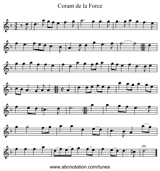 Corant de la Force - staff notation