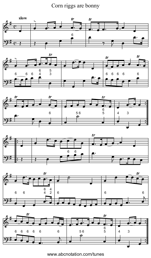 Corn riggs are bonny - staff notation