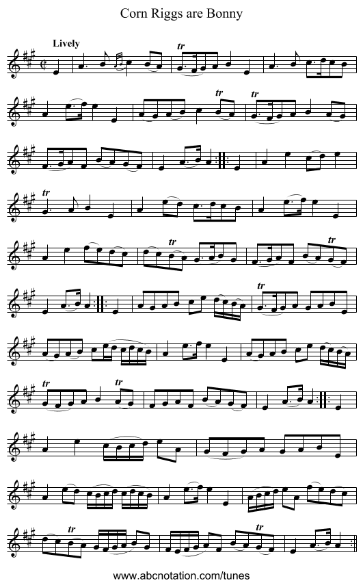 Corn Riggs are Bonny - staff notation