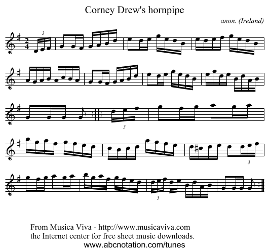 Corney Drew's hornpipe - staff notation
