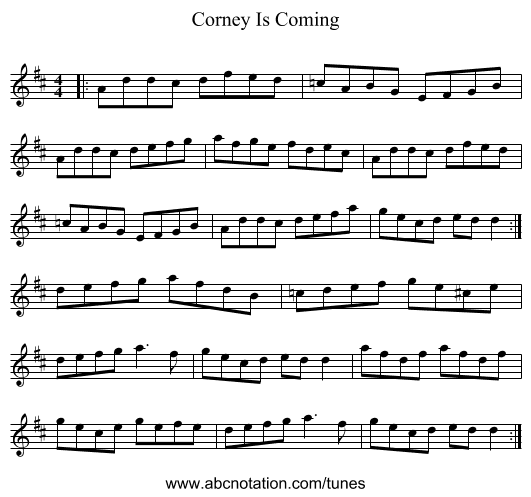 Corney Is Coming - staff notation