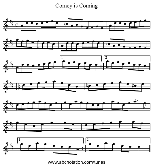 Corney is Coming - staff notation