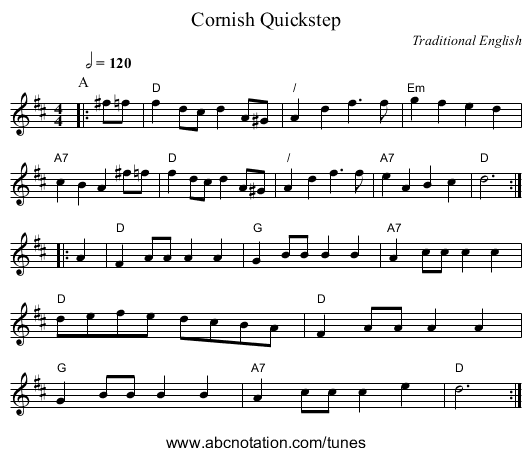 Cornish Quickstep - staff notation