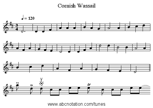 Cornish Wassail - staff notation