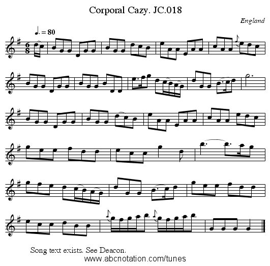 Corporal Cazy. JC.018 - staff notation