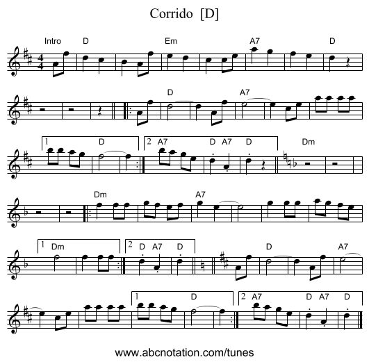 Corrido  [D] - staff notation