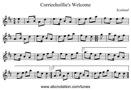 Corriechoillie's Welcome - staff notation
