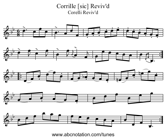 Corrille [sic] Reviv'd - staff notation