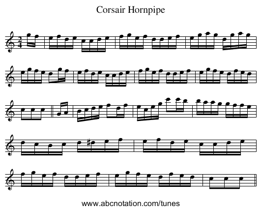 Corsair Hornpipe - staff notation