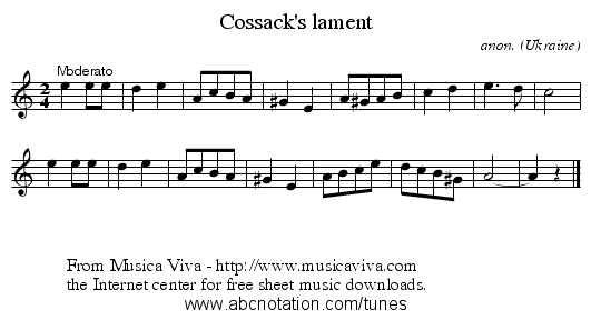 Cossack's lament - staff notation