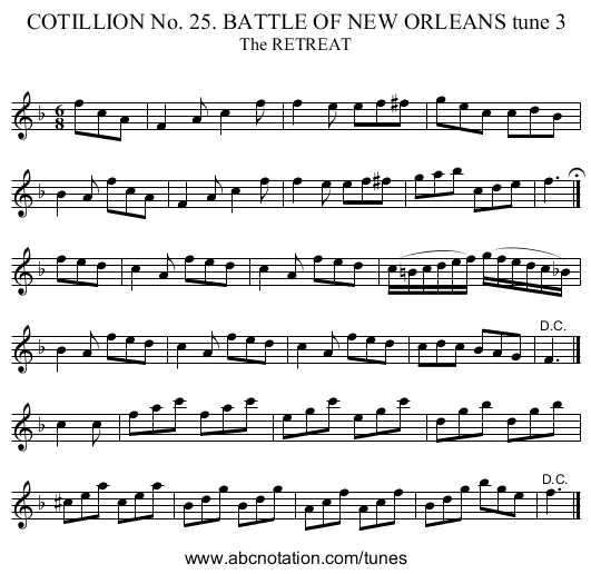 COTILLION No. 25. BATTLE OF NEW ORLEANS tune 3 - staff notation